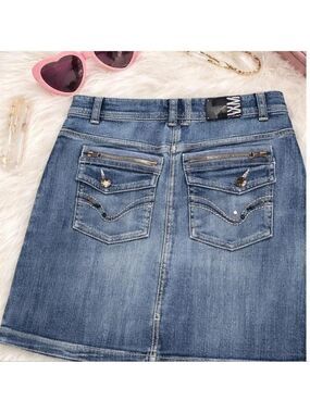 Y2K Denim Mini Skirt Size 14 Embellished Back Pockets Zipper Detail